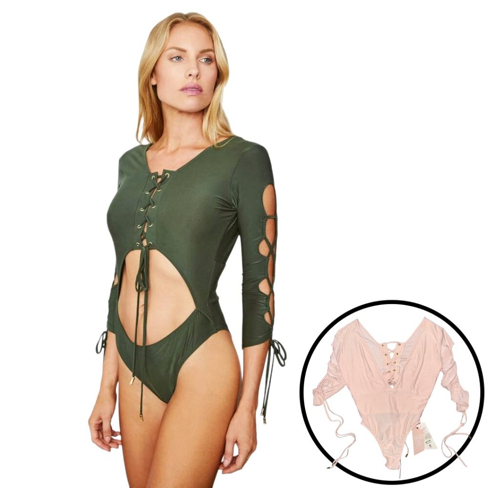 We are HAH Free People Pink Lace Up Naughty Noosha Reversible Bodysuit Coquette